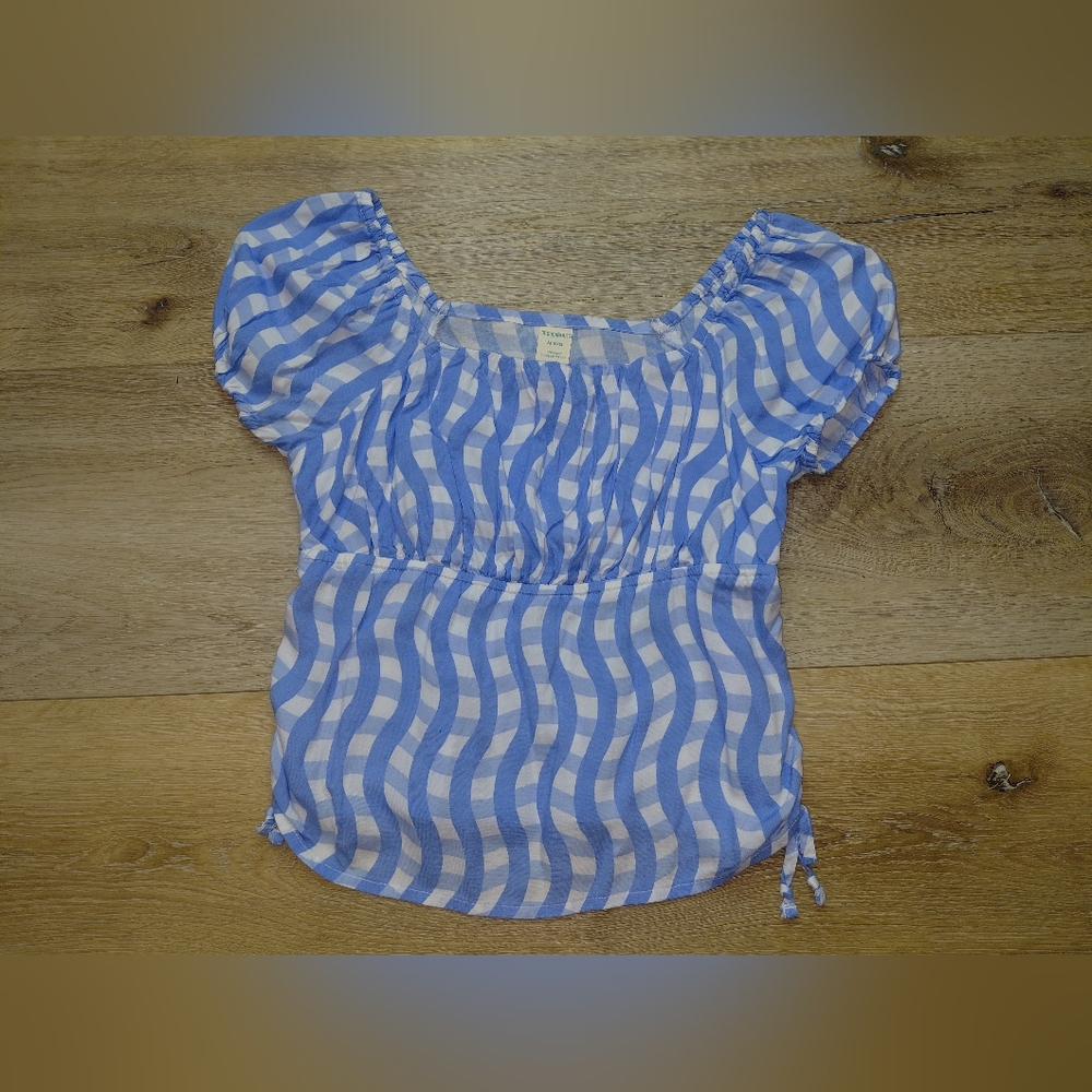 Thereabouts Blue and White Gingham Puff-Sleeve Square-Neck Blouse Sz M 10/12